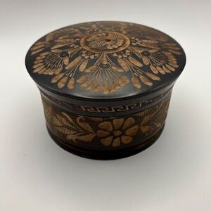 Hand‎ Carved Wood Box Round Trinket Jewelry Stash Box Floral 4 Wood Coasters